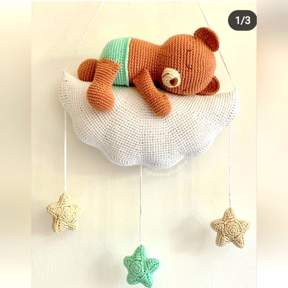 Handmade Crochet Bear Mobile - Brown, White, Green NEW
